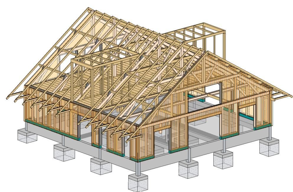 Chalet en charpente bois sur infrastructure béton, modèle 3D